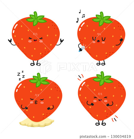 Cute cartoon strawberries with different facial expressions in a fun illustration. 130034819
