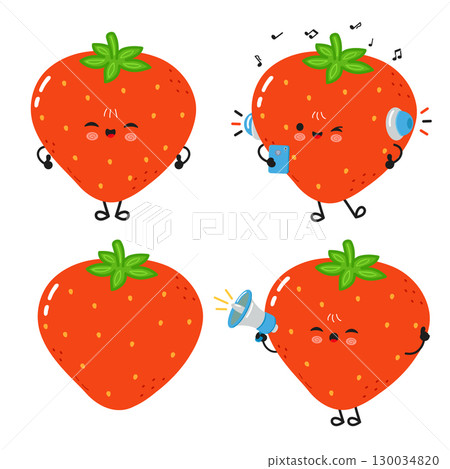 Cute cartoon strawberries in various poses with expressions and activities against a white background. Cute cartoon strawberries in various poses with expressions and activities against a white background. 130034820