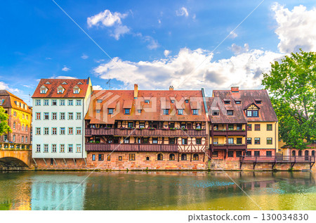 Old Medieval buildings on Pegnitz river bank in Old town Nuremberg city historical center, Middle Franconia region, Bavaria state, Germany 130034830