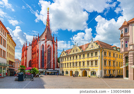 Wurzburg old town altstadt with Chapel of Saint Mary Roman Catholic church, Falcon House Falkenhaus on Oberer Markt Market square in Wurzburg city historical center, Lower Franconia region, Germany 130034866