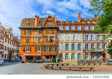 Strasbourg city historic centre with half-timbered houses medieval buildings on Place Saint-Etienne square in old town Centre Ville Grande ile Grand Island, Alsace Grand Est region, France Strasbourg city historic centre with half-timbered houses medieval buildings on Place Saint-Etienne square in old town Centre Ville Grande ile Grand Island, Alsace Grand Est region, France 130034880