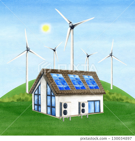 Solar panels on house, Wind turbine on hill, Inverter heat pump. Watercolor green landscape, blue sky, sun. PV battery, conditioner, windmill. Alternative Renewable generator energy illustration Solar panels on house, Wind turbine on hill, Inverter heat pump. Watercolor green landscape, blue sky, sun. PV battery, conditioner, windmill. Alternative Renewable generator energy illustration 130034897