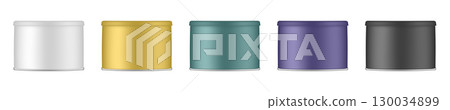 Set of aluminium canisters. White, green, gold, purple and black tin containers. Tea or cookie jar 130034899