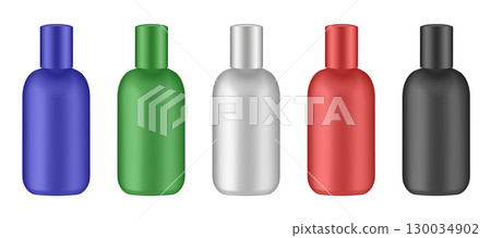 Set of cosmetic bottles with long cap. Green, blue, red, black and white bottles. Cream, lotion or serum 130034902