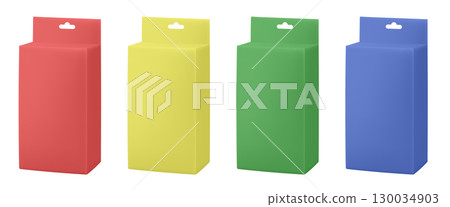 Set of paper packaging boxes with hanging hole. Blank product package mockup. Yellow, blue, red 130034903