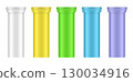 Set of effervescent tablet tubes. Small medical pill bottles. White, yellow, green, blue and purple 130034916