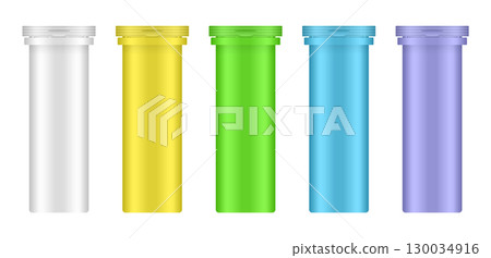 Set of effervescent tablet tubes. Small medical pill bottles. White, yellow, green, blue and purple 130034916