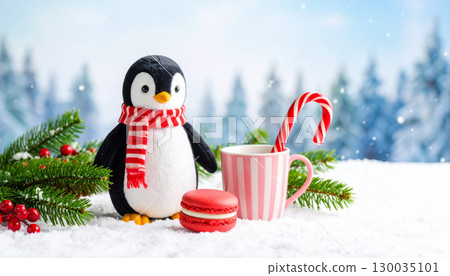 A penguin wearing a scarf, macaroons, and candy canes in a winter snow scene A penguin wearing a scarf, macaroons, and candy canes in a winter snow scene 130035101