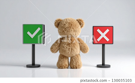 一隻泰迪熊站在一塊寫有正確和錯誤答案的牌子前 130035103