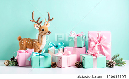 A row of Rudolph the Red-Nosed Reindeer plush toys and pastel-colored presents 130035105