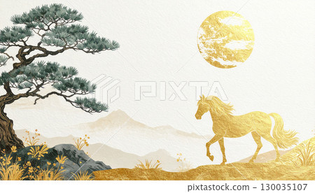 A Japanese-style background with a golden horse and pine tree, suitable for the New Year or as a lucky charm 130035107
