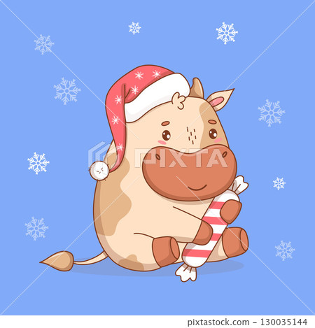 Cute Christmas Little Cow in Santa hat with Striped Candy. Funny New Year Kawaii Animal on blue background with Snowflakes. Vector illustration. Kids collection. Not AI Cute Christmas Little Cow in Santa hat with Striped Candy. Funny New Year Kawaii Animal on blue background with Snowflakes. Vector illustration. Kids collection. Not AI 130035144