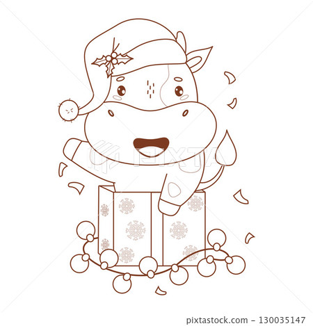 Outline Happy Christmas Little Cow in Santa hat in New Year Gift Box with Garland. Holiday Funny Kawaii Animal. Line drawing, coloring book. Vector illustration. Kids collection. Not AI 130035147
