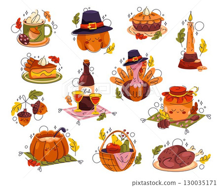 Set of thanksgiving stickers. Vector autumn holiday food and drink icon. Signs for seasonal harvest celebration. Pumpkin pie and turkey, coffee and soup, honey jar and wine, candle. Nutrition season. 130035171