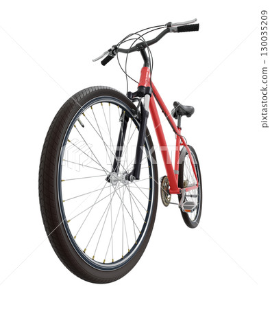 Red bicycle, front side view with wide angle shot isolated on white background, 3D illustration 130035209