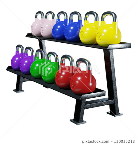 Gym rack with different Olympic kettlebells, cast iron powerlifting equipment Gym rack with different Olympic kettlebells, cast iron powerlifting equipment 130035218