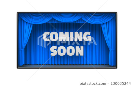 Coming Soon poster with stage curtains 3D illustration Coming Soon poster with stage curtains 3D illustration 130035244