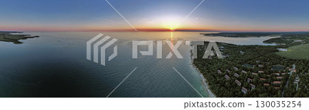 Aerial panorama drone sunset view of Lanterna peninsula, Istria, Croatia. 130035254