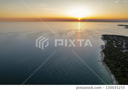 Aerial drone sunset view of Lanterna peninsula, Istria, Croatia. 130035255
