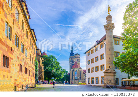Stuttgart city historic center, Stiftskirche Collegiate Church, Prinzenbau Ministry of Justice and Altes Schloss Old Castle on Schillerplatz Schiller square in old town Stuttgart Mitte, Germany 130035378