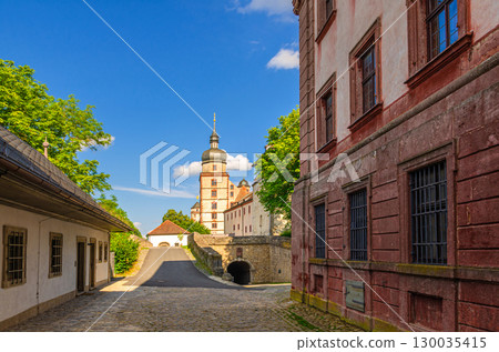 Marienberg Fortress Festung Marienberg with Kilian's Tower, Stables, Schoenborn Gate, Hufschmiede farriers, Waffenmeisterei armory, Commanders building in Wurzburg city, Bavaria state, Germany 130035415