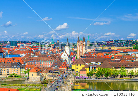 Wurzburg cityscape, aerial view of Wurzburg old town with Old Main Bridge, Main river, Saint Kilian Cathedral, Neumunster and Chapel Saint Mary Wurzburg city historical center, Bavaria state, Germany Wurzburg cityscape, aerial view of Wurzburg old town with Old Main Bridge, Main river, Saint Kilian Cathedral, Neumunster and Chapel Saint Mary Wurzburg city historical center, Bavaria state, Germany 130035416