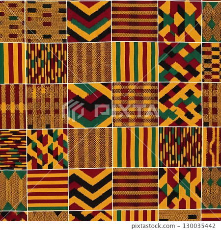 Traditional textile with African-inspired colorful geometric ornament. 130035442