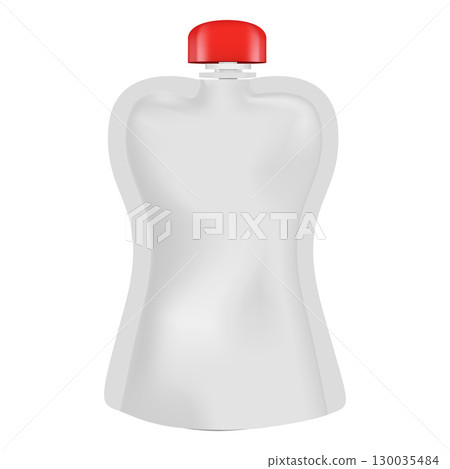 Flexible pouch up bag mockup with red spout lid, vector realistic 3D doy-pack food and drink product package, baby puree Flexible pouch up bag mockup with red spout lid, vector realistic 3D doy-pack food and drink product package, baby puree 130035484