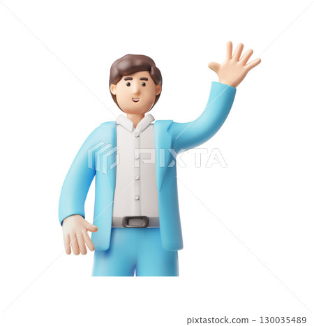 Businessman in blue suit greeting hand gesture, showing five fingers, 3D vector office manager character half body 130035489