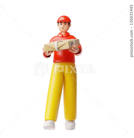 Delivery courier man holding parcel box, 3D vector cartoon postman in red uniform carrying package, logistic service Delivery courier man holding parcel box, 3D vector cartoon postman in red uniform carrying package, logistic service 130035495