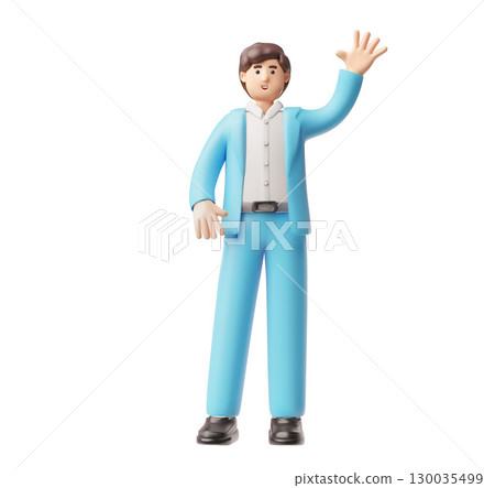 Businessman in blue suit greeting hand gesture, showing five fingers, 3D cartoon vector office manager character Businessman in blue suit greeting hand gesture, showing five fingers, 3D cartoon vector office manager character 130035499