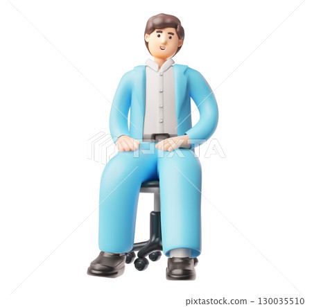 Businessman in blue suit sits on an office chair 3D plastic style vector icon, cartoon smiling office manager character 130035510