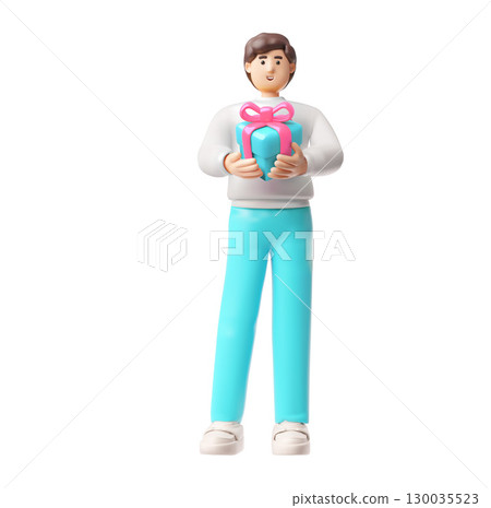 Man holding gift box with bow 3D plastic style vector icon, holiday surprise, birthday celebration, present excited Man holding gift box with bow 3D plastic style vector icon, holiday surprise, birthday celebration, present excited 130035523
