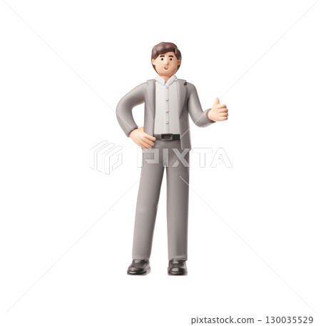 Brunette businessman in a suit standing and showing thumb up hand gesture, 3D vector approval office manager full height Brunette businessman in a suit standing and showing thumb up hand gesture, 3D vector approval office manager full height 130035529