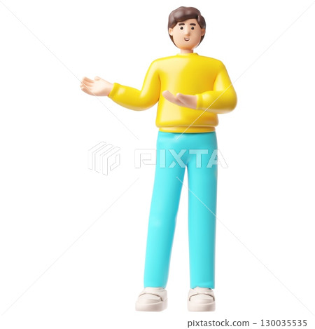Brunette man standing in presenting pose explaining, showing, pointing hand, 3D cartoon vector guy character full height Brunette man standing in presenting pose explaining, showing, pointing hand, 3D cartoon vector guy character full height 130035535