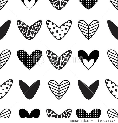 Vector seamless pattern, cute hearts filled with different patterns, monochrome endless background Vector seamless pattern, cute hearts filled with different patterns, monochrome endless background 130035537