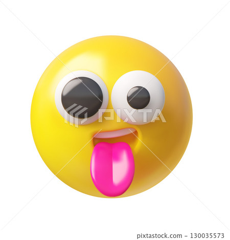 Joke emoji emoticon realistic vector 3D design, volume funny tease round face with stick out tongue and comic eyes Joke emoji emoticon realistic vector 3D design, volume funny tease round face with stick out tongue and comic eyes 130035573