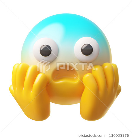 Scared head with hands emoji emoticon realistic vector 3D design, cartoon yellow blue surprised face with fear big eye Scared head with hands emoji emoticon realistic vector 3D design, cartoon yellow blue surprised face with fear big eye 130035576