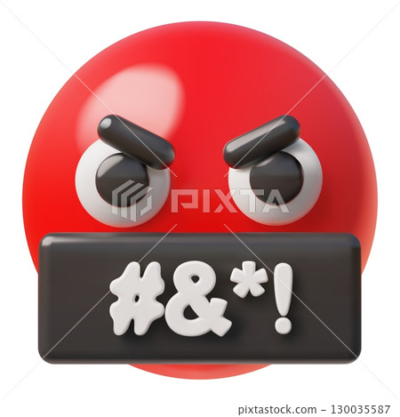 Angry emoji emoticon vector 3D design, threatening evil red round face with scary eyes and closed mouth by bad symbols 130035587