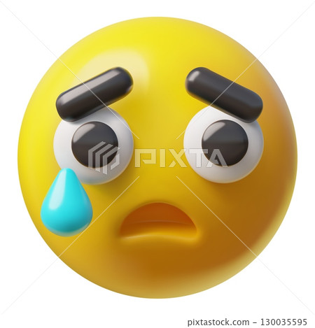 Unhappy emoji emoticon realistic vector 3D design, cartoon yellow sad face with a tear, weep avatar afflicted expression 130035595