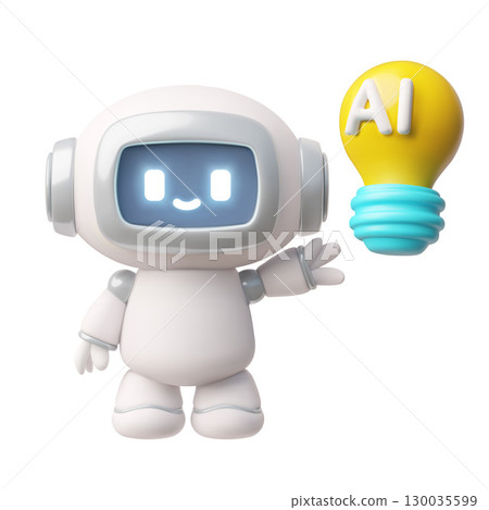 Chatbot robot points to light bulb realistic 3D vector idea and innovation concept, Artificial intelligence machine Chatbot robot points to light bulb realistic 3D vector idea and innovation concept, Artificial intelligence machine 130035599
