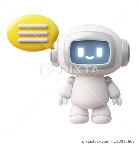 Chatbot robot with text box realistic 3D vector, cute Artificial intelligence machine with speech bubble support service 130035602