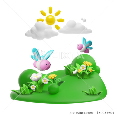 Cartoon butterflies on the sunny spring lawn with flowers, vector 3D insects flying among flowers and plants 130035604