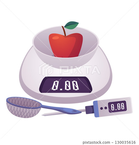 Electronic scales, cooking electronic thermometer and confectionery sieve tool, vector flat kitchen baking equipment Electronic scales, cooking electronic thermometer and confectionery sieve tool, vector flat kitchen baking equipment 130035616