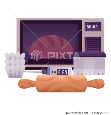 Bread baked in convection oven, kitchen equipment and cooking appliance, rolling pin, knife with scale and cupcake molds 130035633