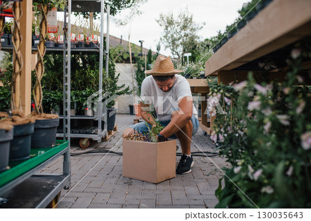 Customer looking at flowers in box at plant nursery, shopping for garden plants. 130035643