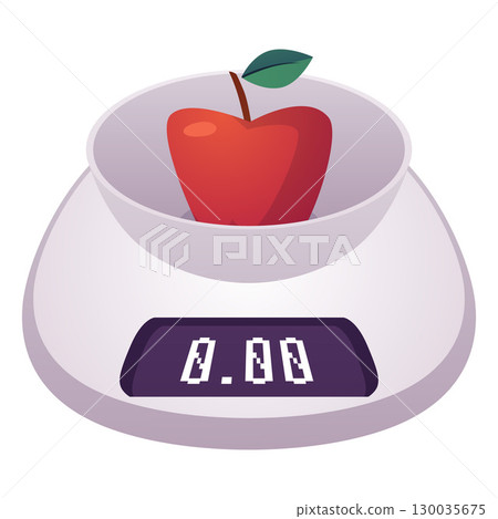 Weigh an apple on an electronic scales, vector flat kitchen measurement equipment with container, digital weight libra Weigh an apple on an electronic scales, vector flat kitchen measurement equipment with container, digital weight libra 130035675