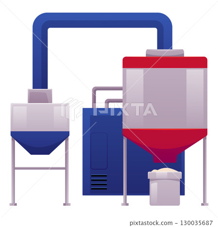 Bread manufacture process on factory, bread production machine, washing wheat, flour grinding vector flat illustration 130035687
