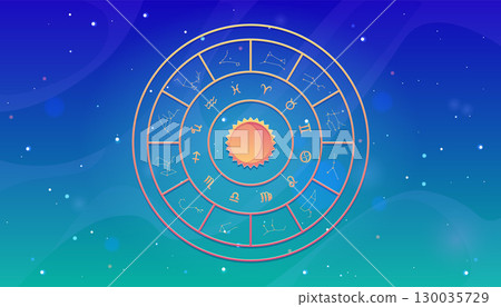 Zodiac wheel with constellations on blue gradient space background, horoscope twelve astrological symbols in circle 130035729