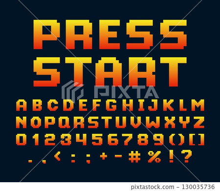 English alphabet pixel font, 8 bit letters, numbers and punctuation marks, PRESS START text, vector typographic symbols 130035736